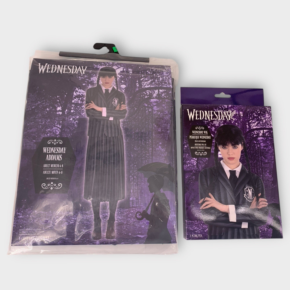 Wednesday Addams Costume School Uniform With Wig Halloween Cosplay Adult M (6-8)